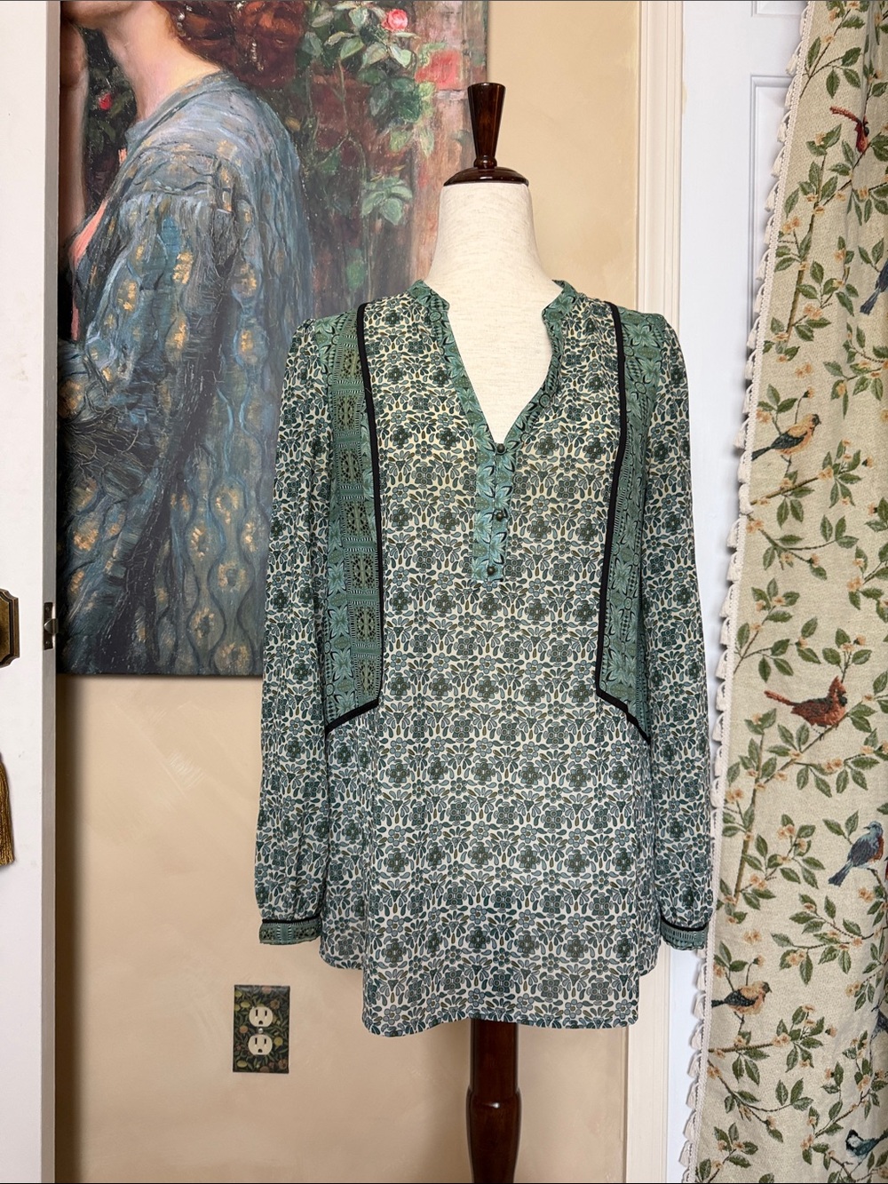 70's Inspired Teal Floral Long Sleeve Tunic Hippie Top